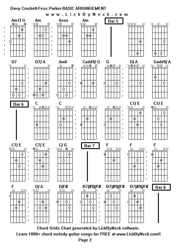 Chord Grids Chart of chord melody fingerstyle guitar song-Davy Crockett-Fess Parker-BASIC ARRANGEMENT,generated by LickByNeck software.